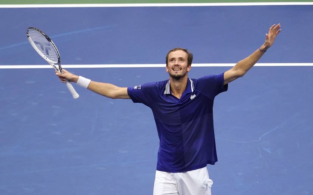 Daniil Medvedev of Russia celebrates defeating Novak Djokovic of Serbia to win their Men's Singles final match on Day Fourteen of the 2021 US Open at the USTA Billie Jean King National Tennis Center on September 12, 2021 in New York City.