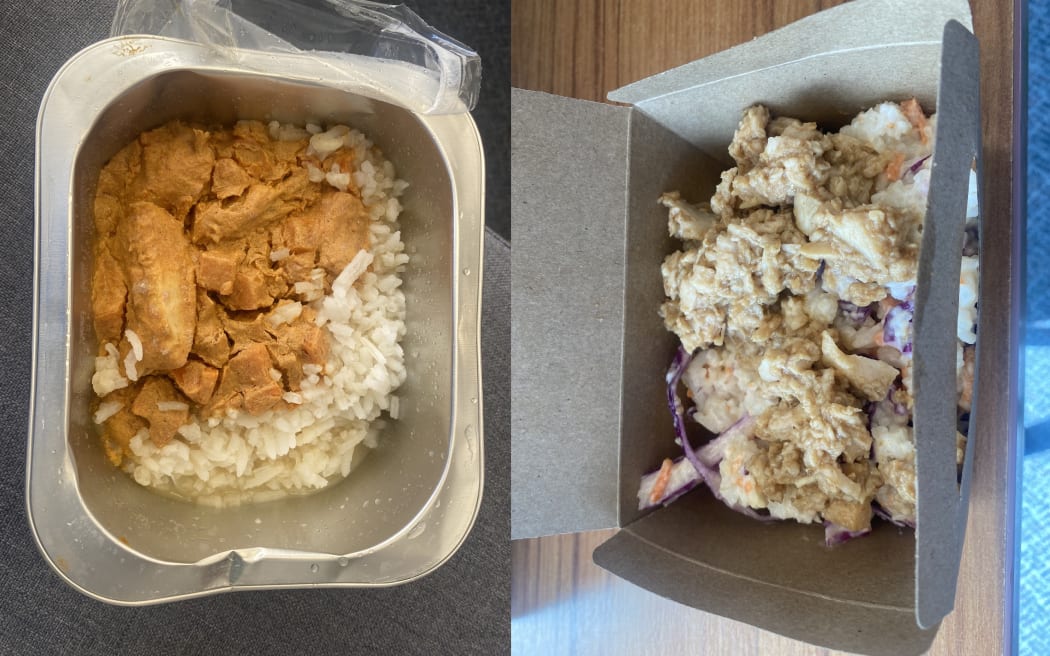 Butter chicken lunch from Lincoln Heights school (left) and chicken teriyaki lunch at Massey Primary School.