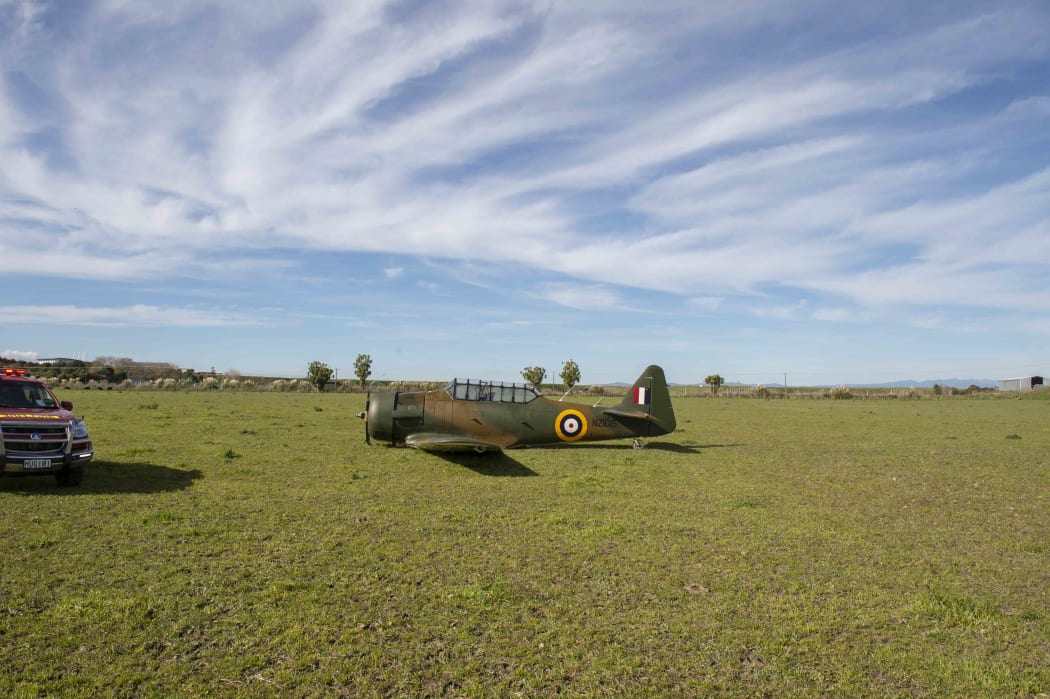 North American Harvard NZ1015 in an emergency landing adjacent to RNZAF Ohakea Base.