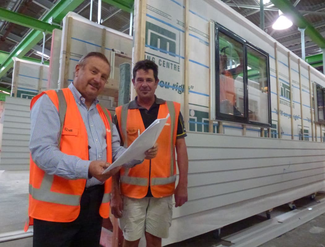 eHome managing director Marsh Hudson and Steve Jujnovich at the Kumeu assembly line last year.