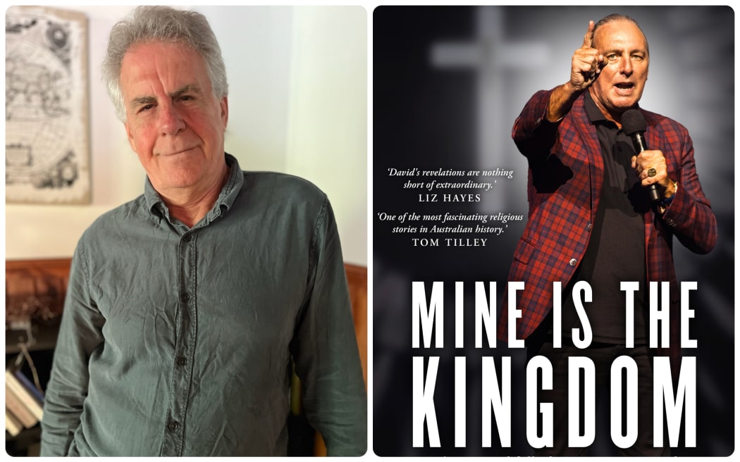 Author David Hardaker next to an image of the cover of his book "Mine is the Kingdom:
The rise and fall of Brian Houston and the Hillsong Church".