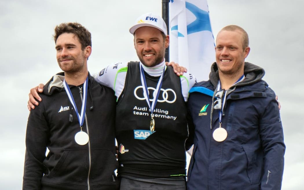 Sam Meech (left) won a silver medal in Laser class at the recent World Cup event in France.