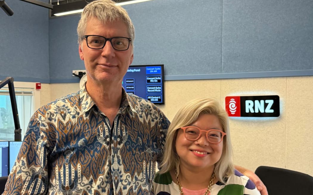 RNZ Concert's Bryan Crump with musician Yura Lee.