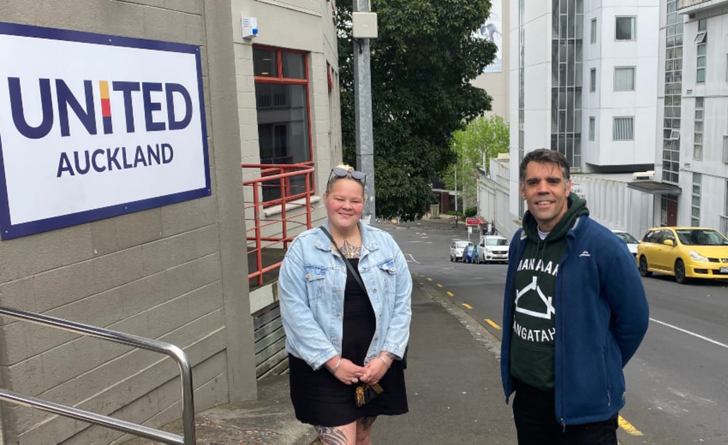 LifeWise's Jamie Akarana and Peter Shimwell outside the youth accommodation facilitiy in Auckland's CBD.