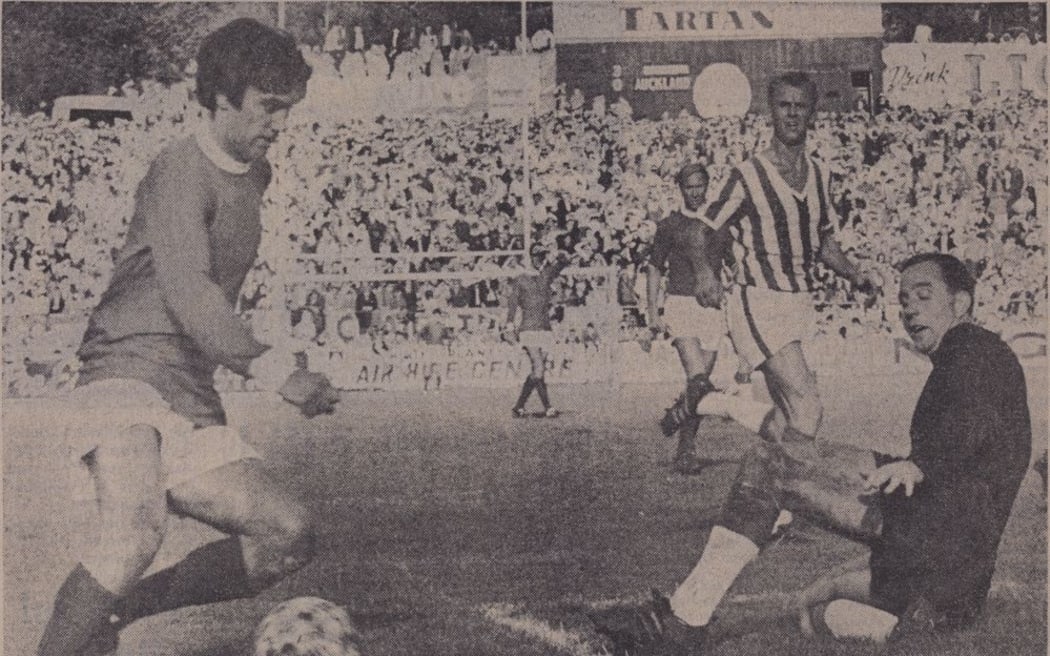 Manchester United's George Best about to score past Auckland Goalie Arthur Stroud.