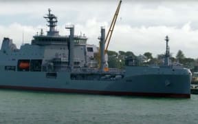 The HMNZS Aotearoa cruises into the Waitematā harbour.