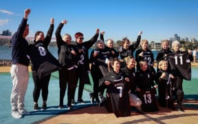 New Zealand players pose with their jerseys on PUMA Island during a 1975 Australia v New Zealand Reunion on 21 July, 2023 in Sydney, Australia.
