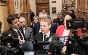Chris Hipkins telling media that he remains the Labour Party leader after nearly two-hour long caucus meeting.