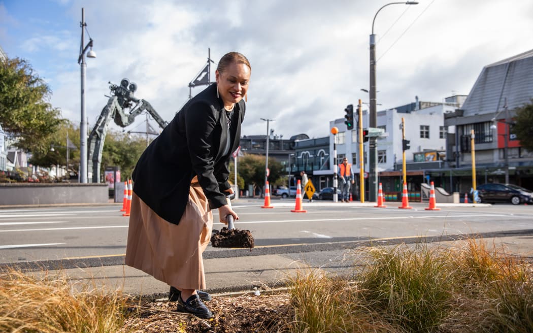 Tory Whanau turning the first sod at the start of the Golden Mile