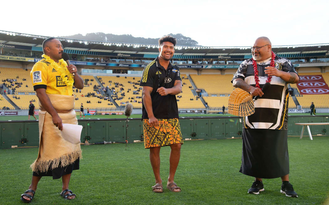 Hurricanes Ardie Savea dances during the Hurricanes vs Blues Super Rugby match at Sky Stadium in Wellington March 2020.
