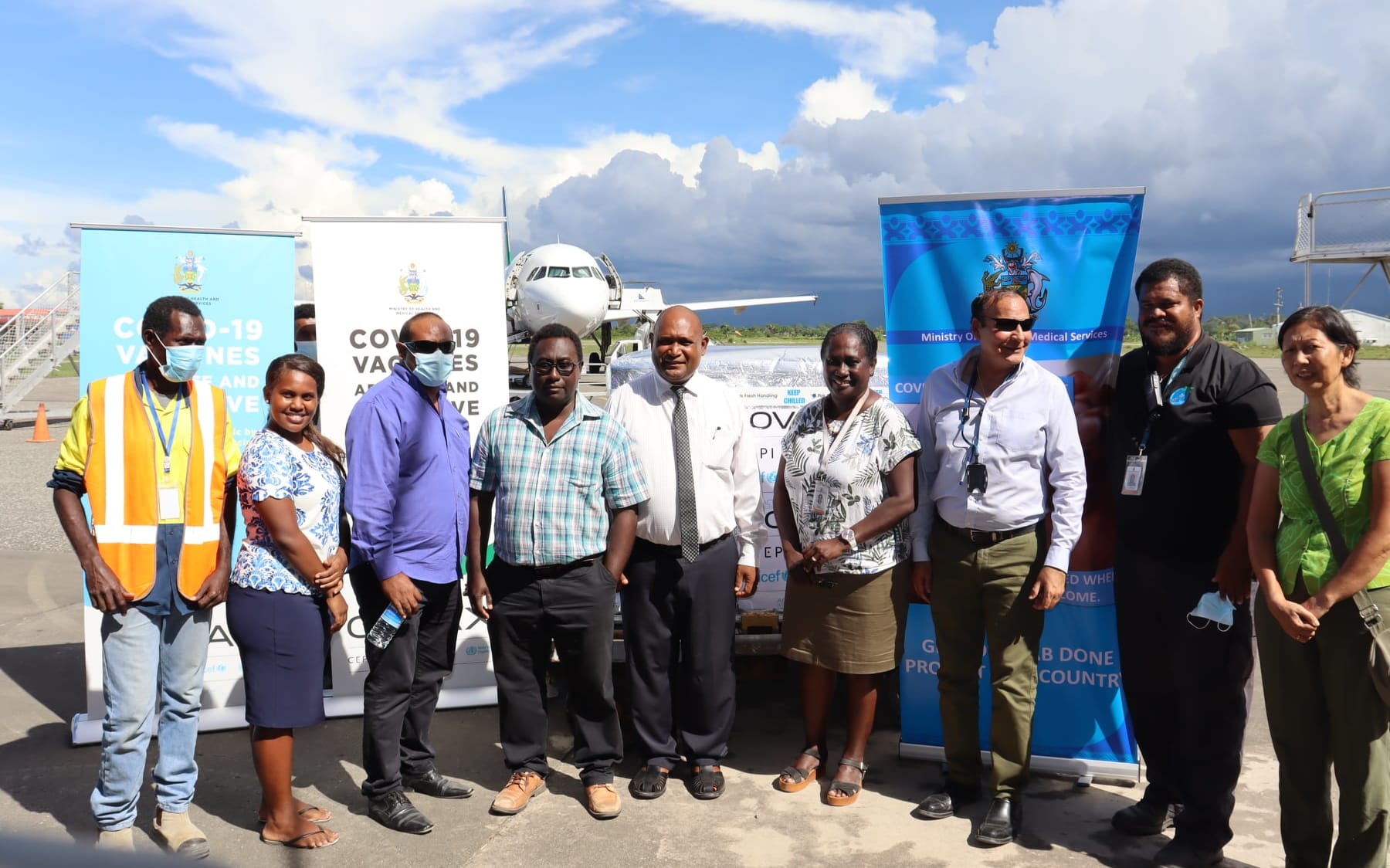 Solomon Islands dignitaries and health officials receive the first batch of 24,000 doses of the Astra Zeneca Covid-19 Vaccine. 19 March 2021