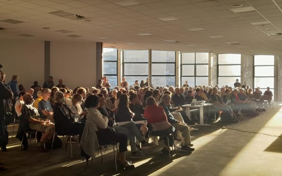 A meeting of Wellington people on the Mt Crawford Mātai Moana housing development, Ākau Tangi Sports Centre, 23 March 2023.