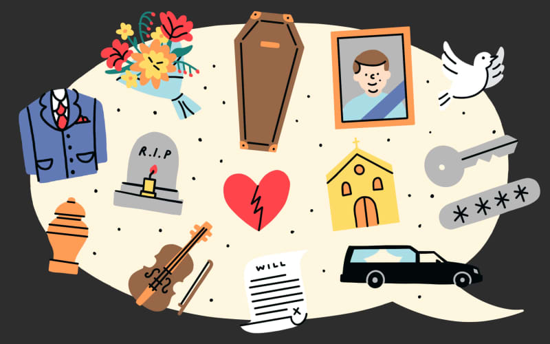 Stylised illustration of funeral related images in a speech bubble