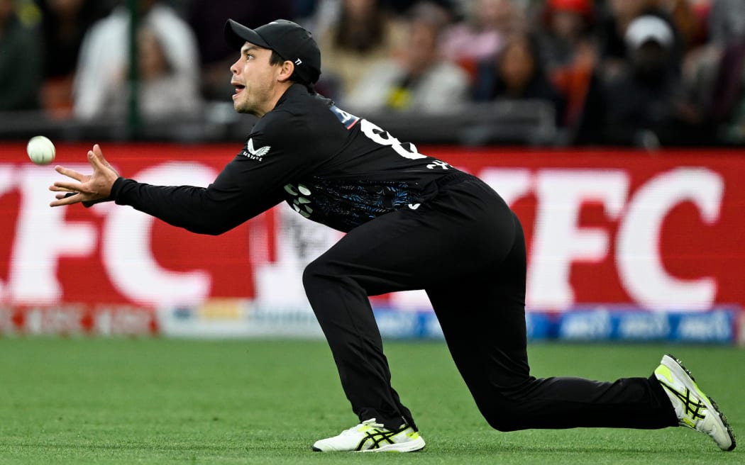 New Zealand’s Mark Chapman takes a catch to dismiss England’s Phil Salt.
Game 1 of the T20 cricket series between New Zealand and England at Hagley Oval, Christchurch.
