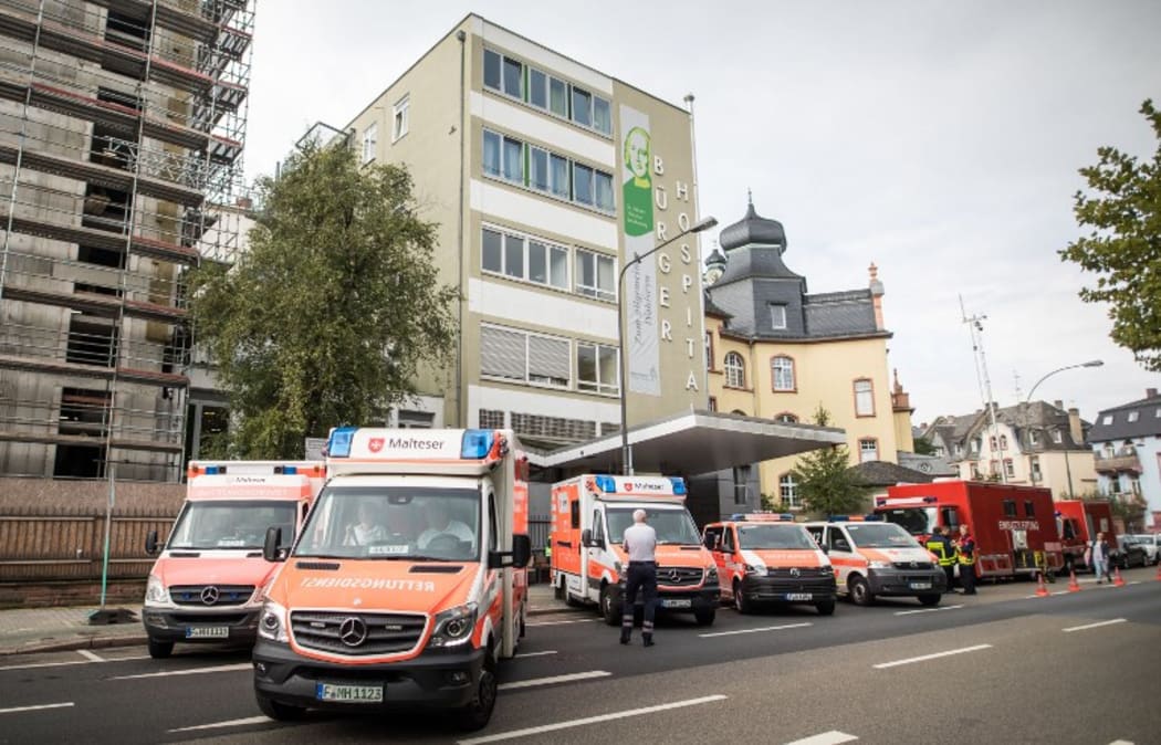 Ambulances outside Buergerhospital, which is to be evacuated due to a bomb disposal in Frankfurt, Germany.