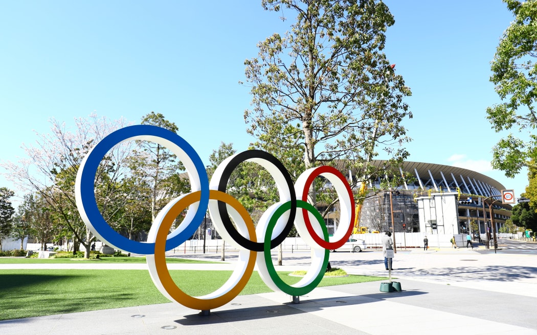 Olympic rings are displayed at Japan Sport Olympic Square near national stadium in Tokyo, Japan.