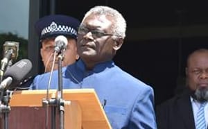 Manasseh Sogavare speaks on the steps of Solomon Islands National Parliament shortly after winning the prime ministerial election. 24 April 2019