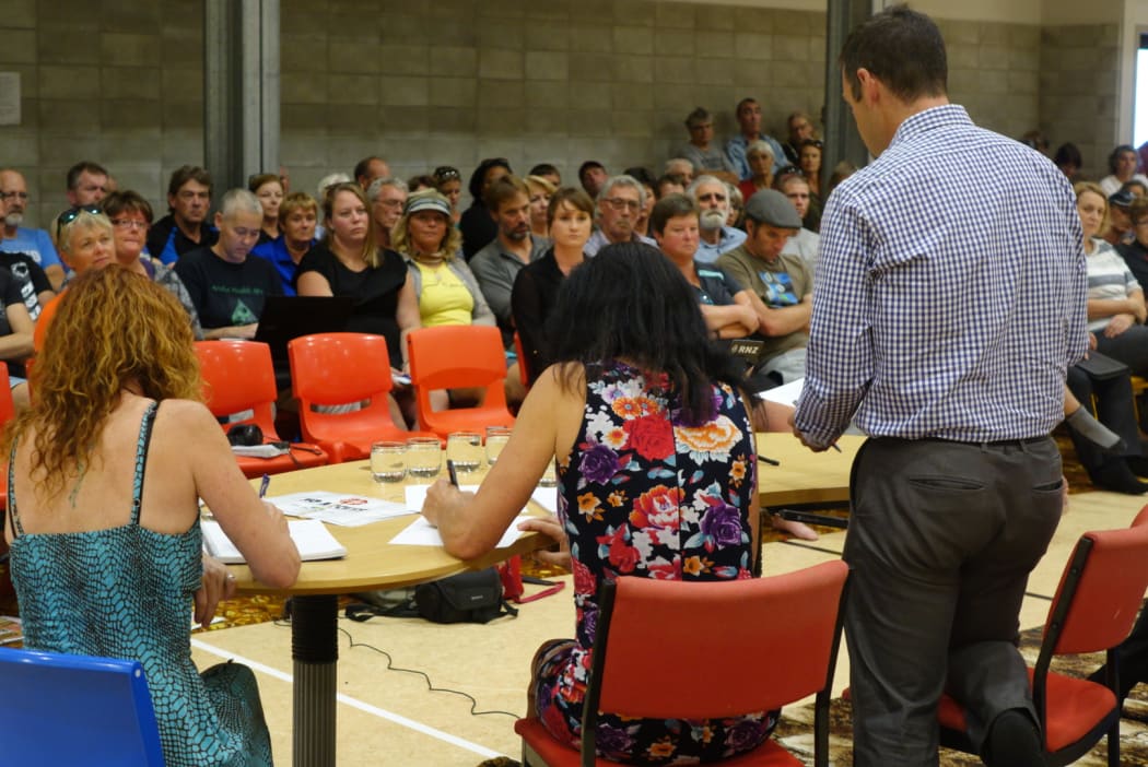 Golden Bay residents at a meeting to discuss damage caused by Cyclone Gita.