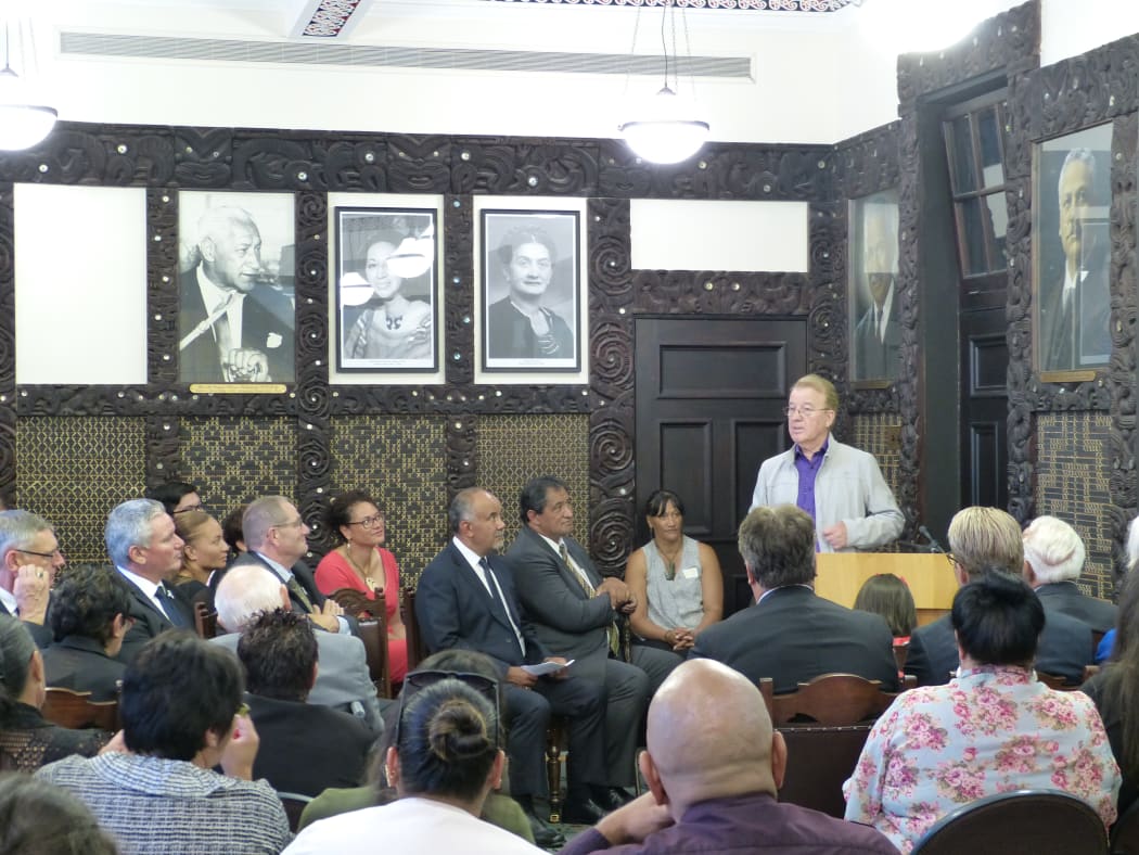 Dennis Sullivan, the husband of the late Whetū Tirikātene-Sullivan, addresses the crowd.