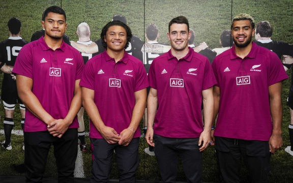 New All Blacks Tupou Vaai, Caleb Clarke, Will Jordan and Hoskins Sotutu. All Blacks team naming, NZ Rugby House, Wellington, New Zealand, Sunday 6th September 2020. Copyright photo: John Cowpland / www.photosport.nz