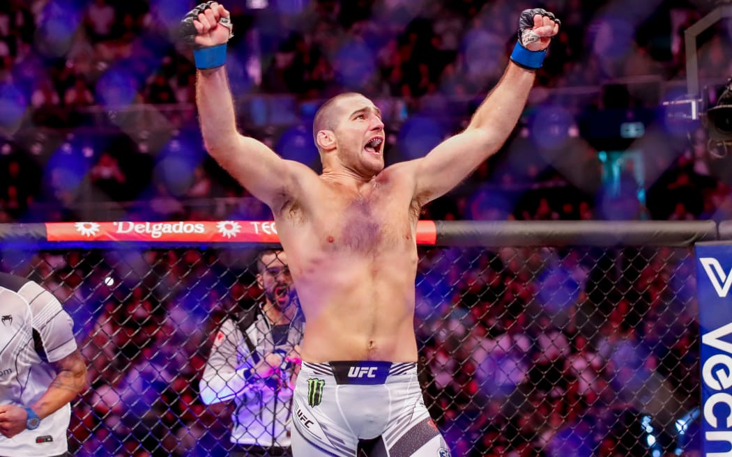 Sean Strickland celebrates after beating Israel Adesanya. UFC 293, Qudos Bank Arena, Sydney Olympic Park Australia, Sunday 10th September 2023.  Copyright Photo: David Neilson / www.photosport.nz