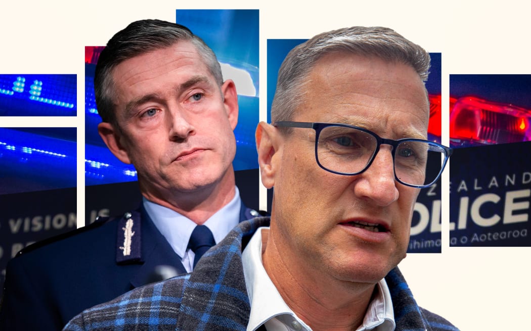 Composite of Jevon McSkimming and Andrew Coster, with police lights in background.