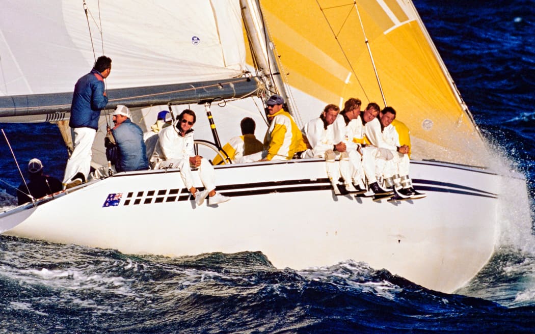 KZ 7 the first New Zealand entry in the America's Cup sailing off Freemantle in 1987.