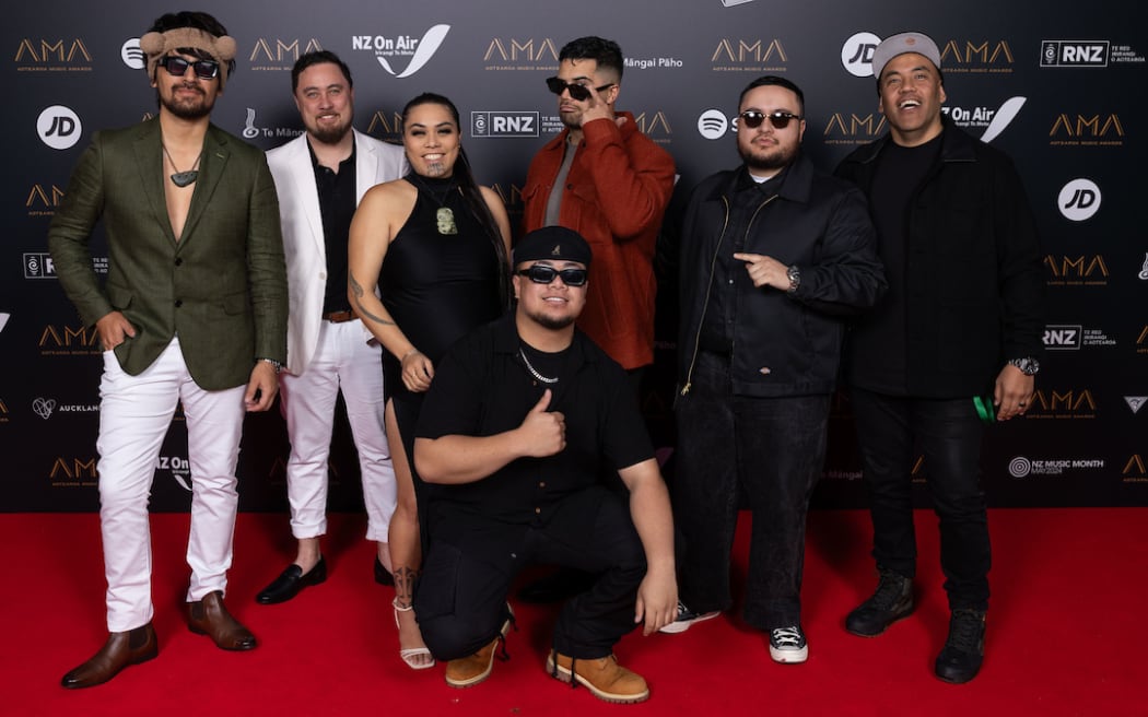 Corrella, Pipiwharauroa, Rebekah, Te Naawe, Moresby, Tom, Taulu, and Codi, at the Aotearoa Music Awards on 30 May, 2024.