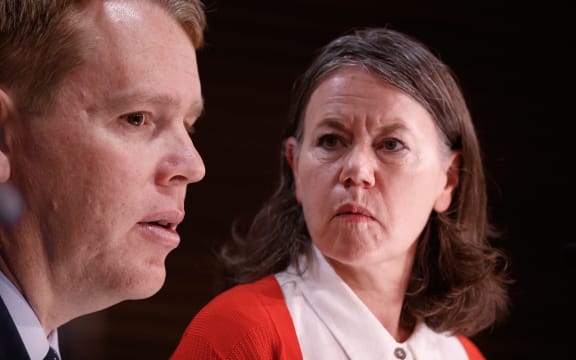 07102021 PHOTO: ROBERT KITCHIN/STUFF
L-R:  
Covid response minister Chris Hipkins, and Director of Public Health Dr Caroline McElnay  brief the public in the daily 1pm Covid Update at Parliament.