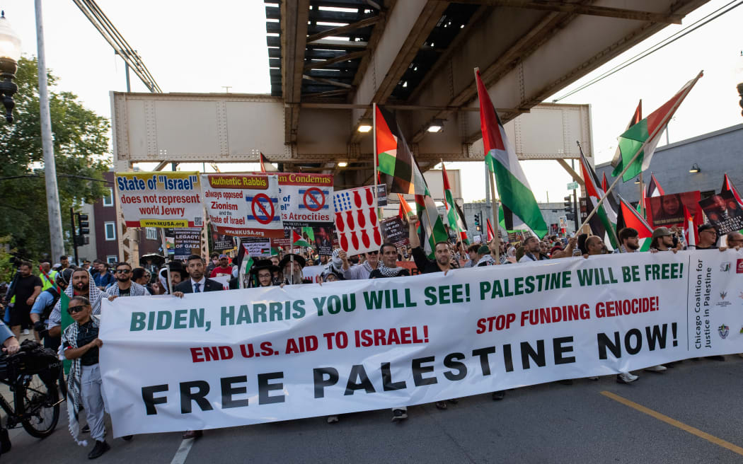 Thousands of Pro-Palestine protesters hold a rally and march through Chicago, on 21 August, 2024, to demand an end to the war on Gaza.