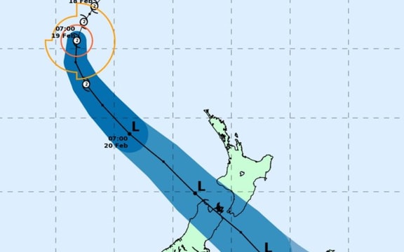 MetService's latest tracking map of the cyclone from 7am. The shading indicates the possible variation in the track not the areas being impacted by the system.