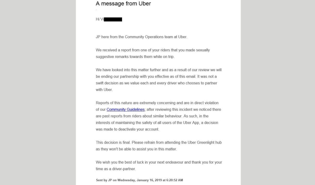 Uber sent an email to Victor notifying him of deactivation of his account as a result of allegations of suggestive remarks.