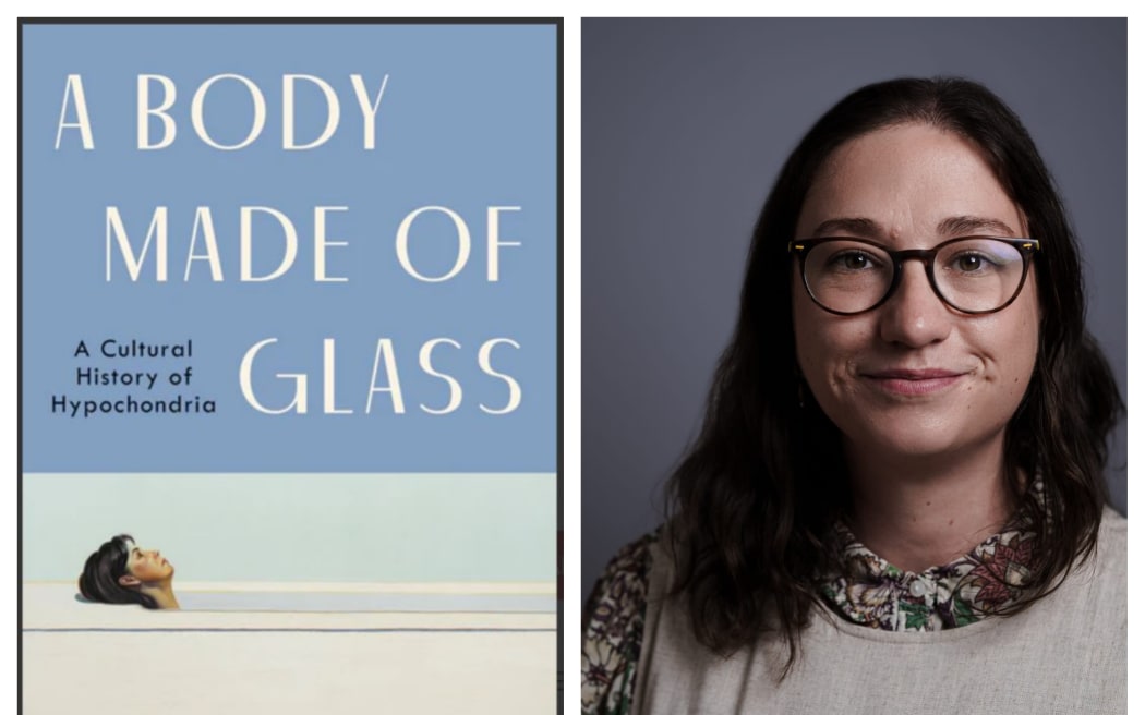 Headshot of author Caroline Crampton alongside cover of her book A Body Made of Glass