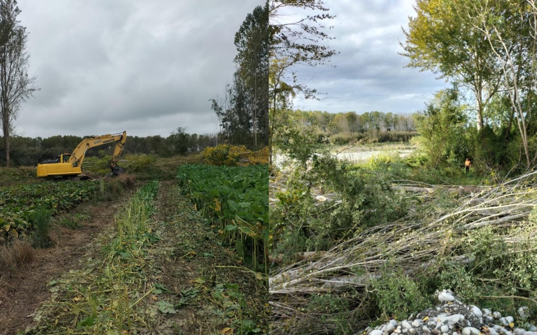 Council staff clearing the site of the broken pipe on the Ōpihi River in preparation for its replacement.