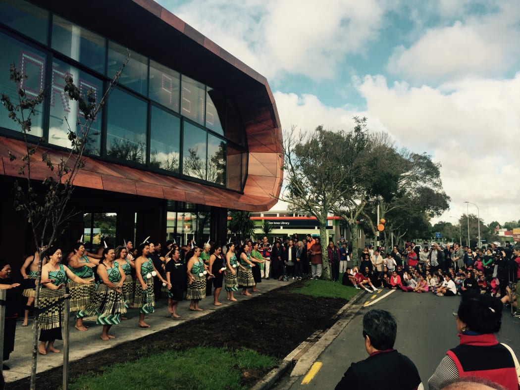 On opening day, local iwi perform a poi dance outside the entrance to Te Oro Glen Innes Music and Arts Centre.