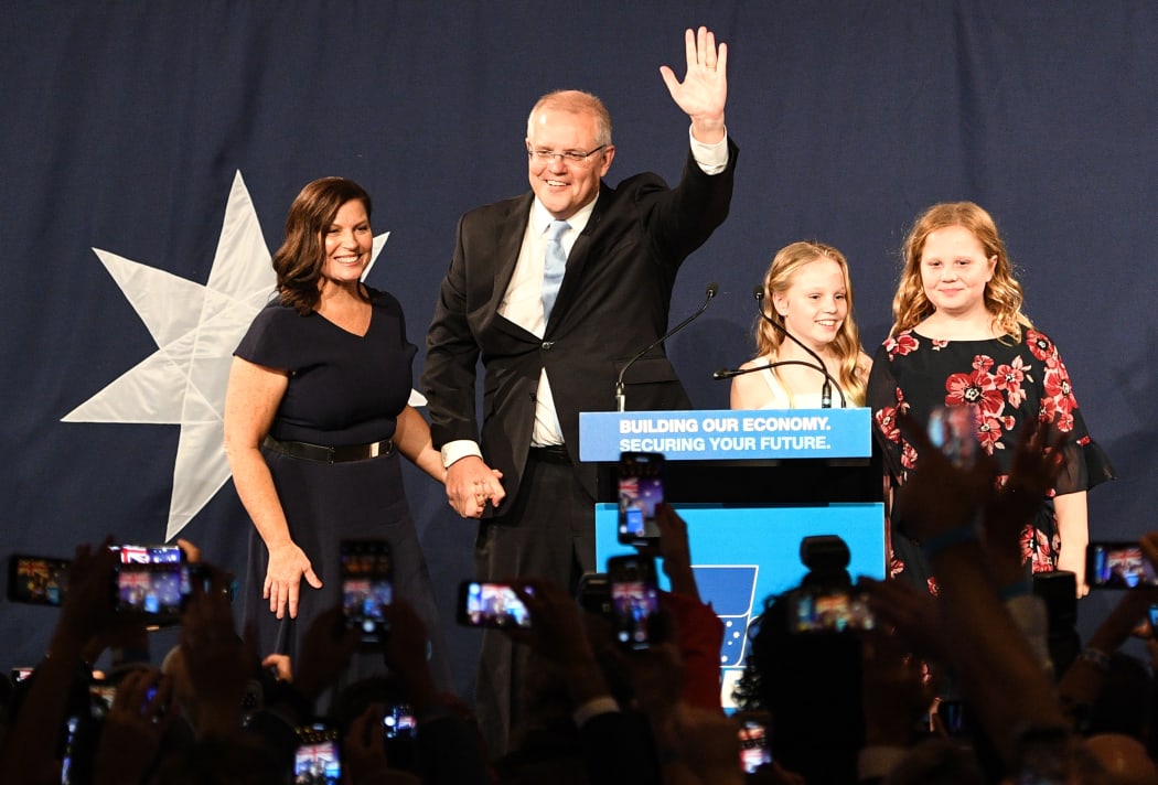 Australia's newly-elected Prime Minister Scott Morrison arrives to deliver a victory speech with his family after winning the Australia's general election in Sydney.