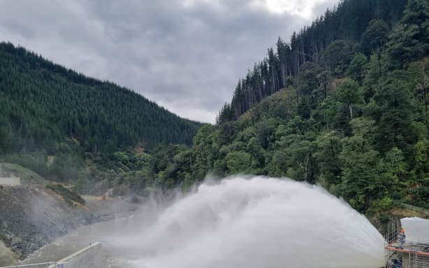 Water flowing from the release valves at the Waimea Community Dam.