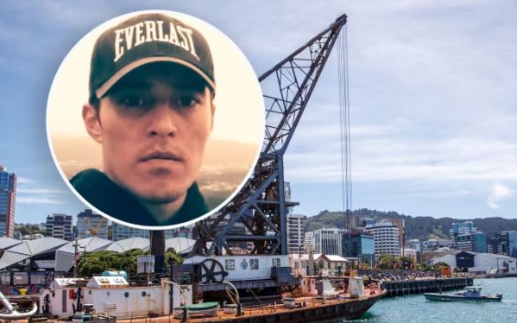 Jarreth Colquhoun (inset) died after jumping from the floating crane SS Hikitia on the Wellington waterfront in January 2024.