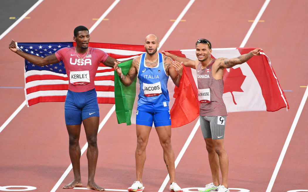 2020 Tokyo Olympics 100m men's sprint medallists (L-R) - Fred Kerley, Marcel  Lamont Jacobs, Andre De Grasse