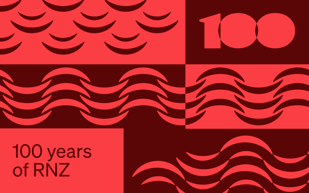 An abstract grid of patterns that overlap and contrast with one another. I one corner is a stylised "100" and in the other text that reads "100 years of RNZ"