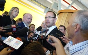 Andrew Little is questioned by reporters after delivering his speech.