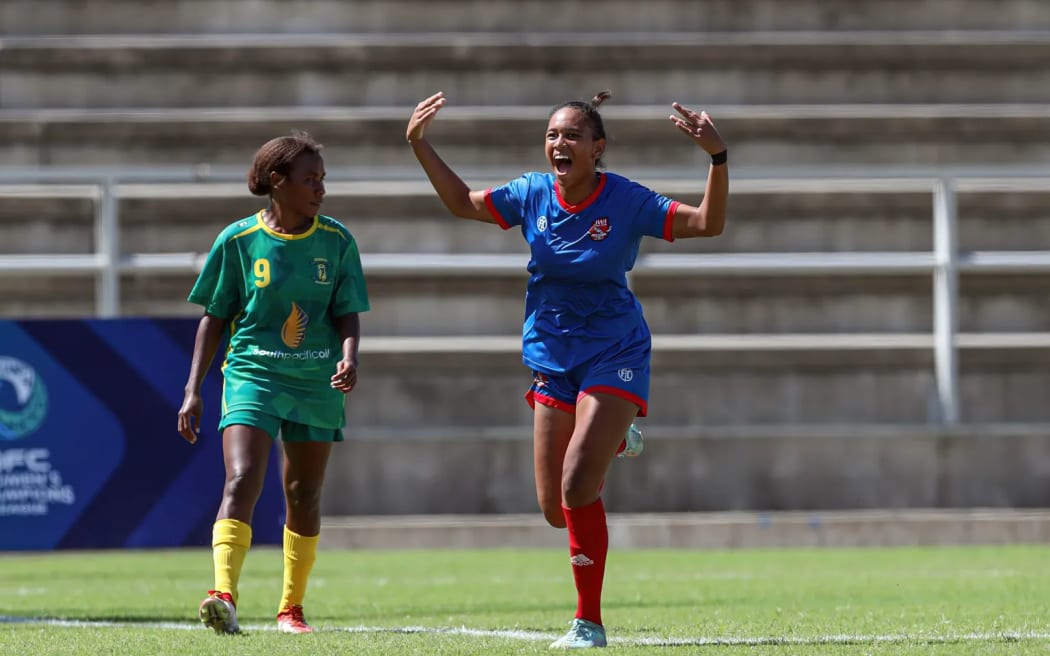Florencina Kalifa celebrates her goal against Koloale FC in Port Moresby.