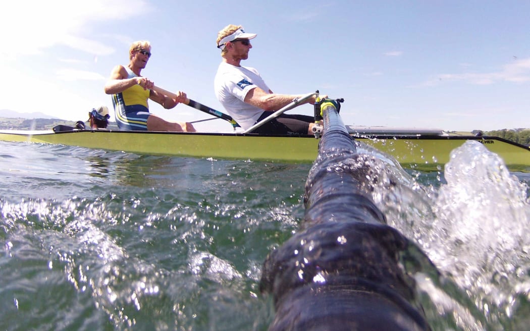 Hamish Bond and Eric Murray training with coxswain Caleb Shepherd