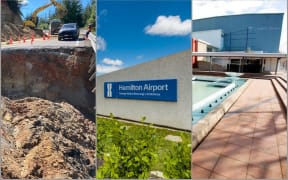 Composite image: State Highway 25, Hamilton Airport, Founders Theatre