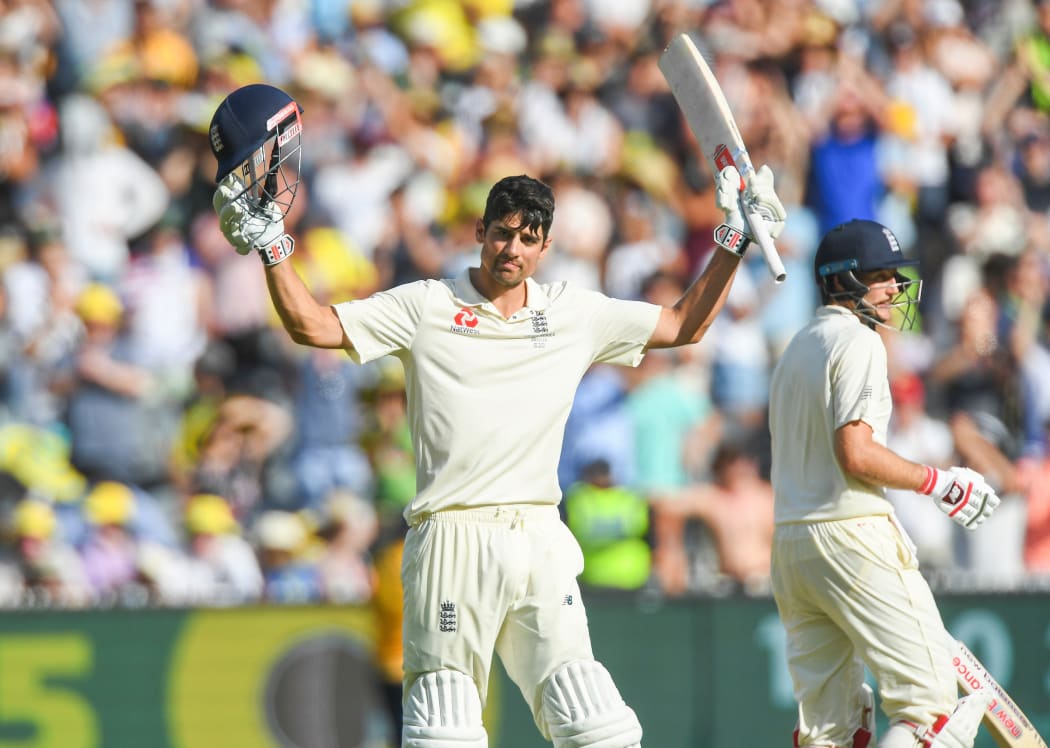 Alastair Cook of England celebrating his century yesterday.