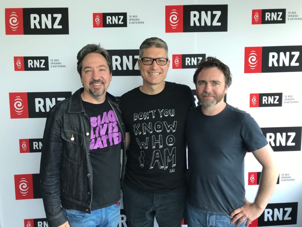 Jon Toogood and Liam Finn with Afternoons host Jesse Mulligan.