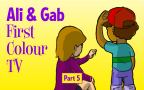 A cartoon boy and girl sit with their faces away from the viewer discussing something. Text reads "Ali & Gab Part 5: First Colour TV"