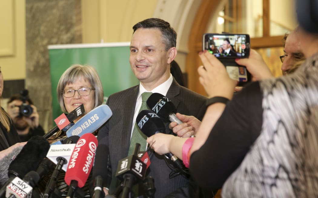 Green leader James Shaw speaks to media ahead of the party meeting to discuss the confidence and supply arrangement with a Labour-led government.