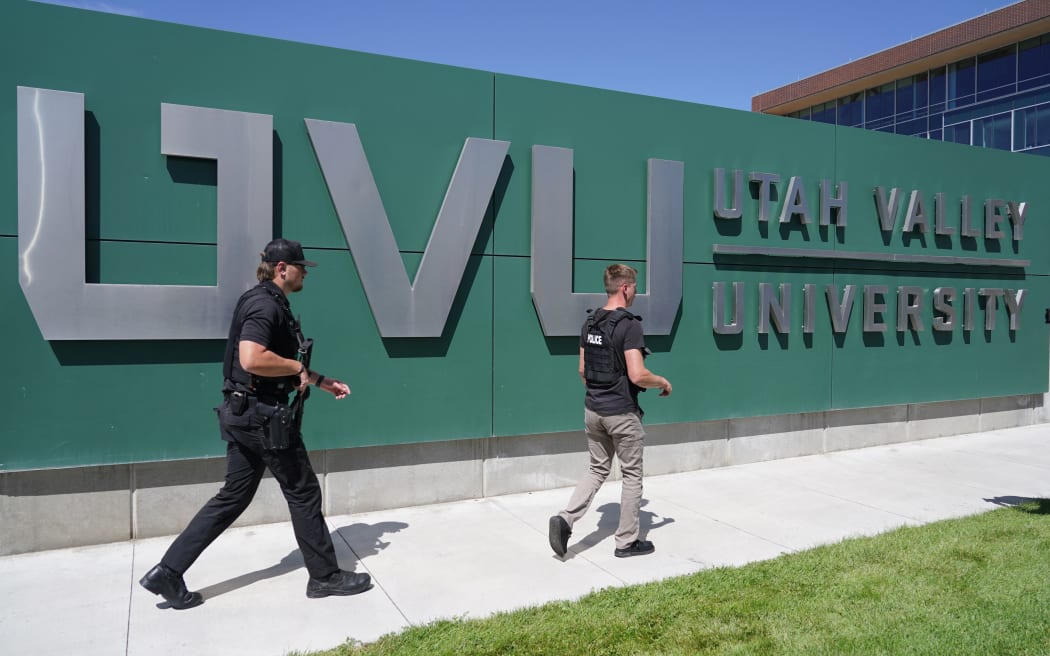 OREM, UTAH - SEPTEMBER 10: First responders work the scene where political activist Charlie Kirk was shot during an event at Utah Valley University on September 10, 2025 in Orem, Utah. Kirk, founder of Turning Point USA, was speaking at his "American Comeback Tour" when he was shot in the neck and killed.   George Frey/Getty Images/AFP (Photo by GEORGE FREY / GETTY IMAGES NORTH AMERICA / Getty Images via AFP)