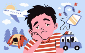 Illustration of a bored child, plane, tent, car, and tablet with headphones.